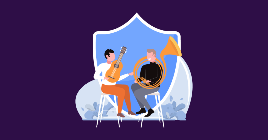 Infographic of someone playing the french horn and guitar with musical instrument insurance