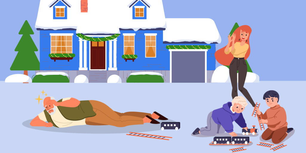 Infographic of a person who fell in front of a house