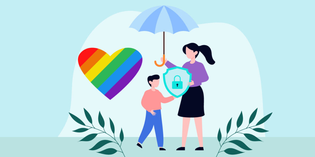 Infographic of two people looking at life insurance for the LGBTQ community