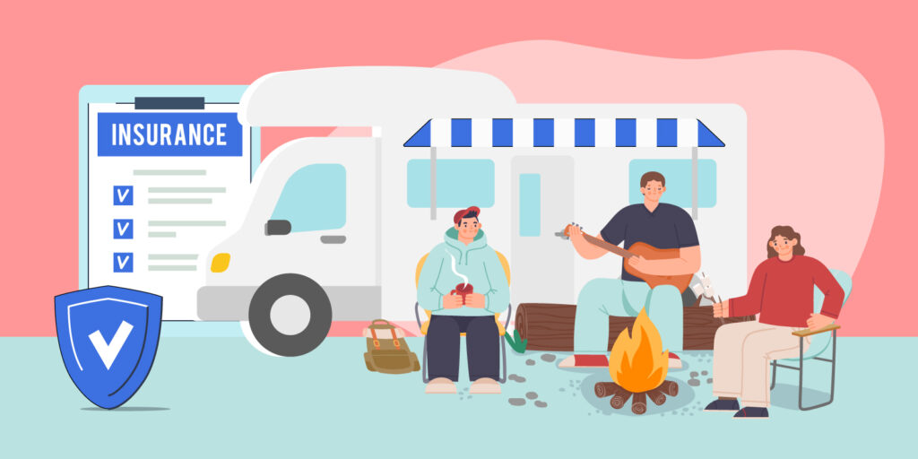Infographic of people sitting around a fire weighing pros and cons of how to insure a camper van