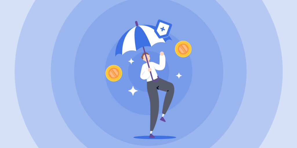 Infographic of a man holding an umbrella to depict umbrella insurance information 