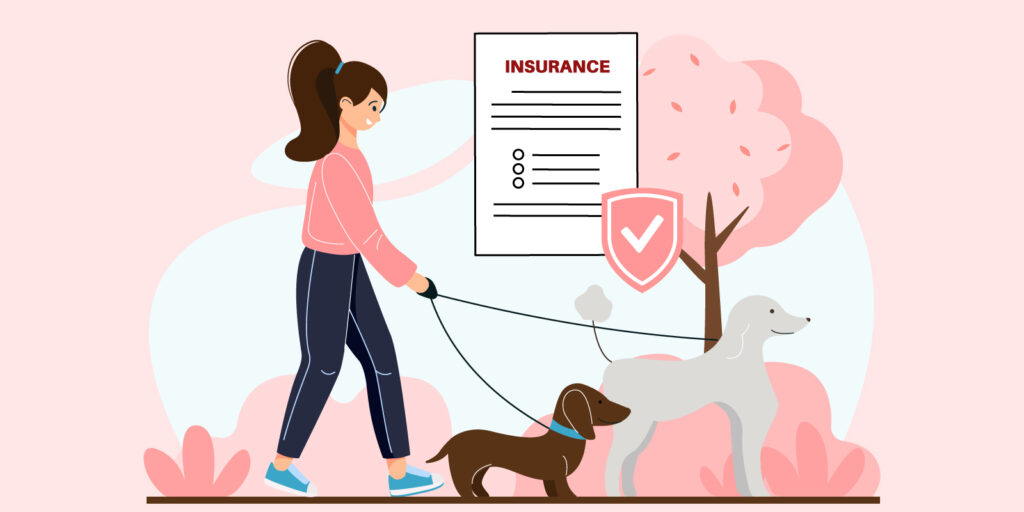Infographic of a woman walking a dog looking into pet insurance