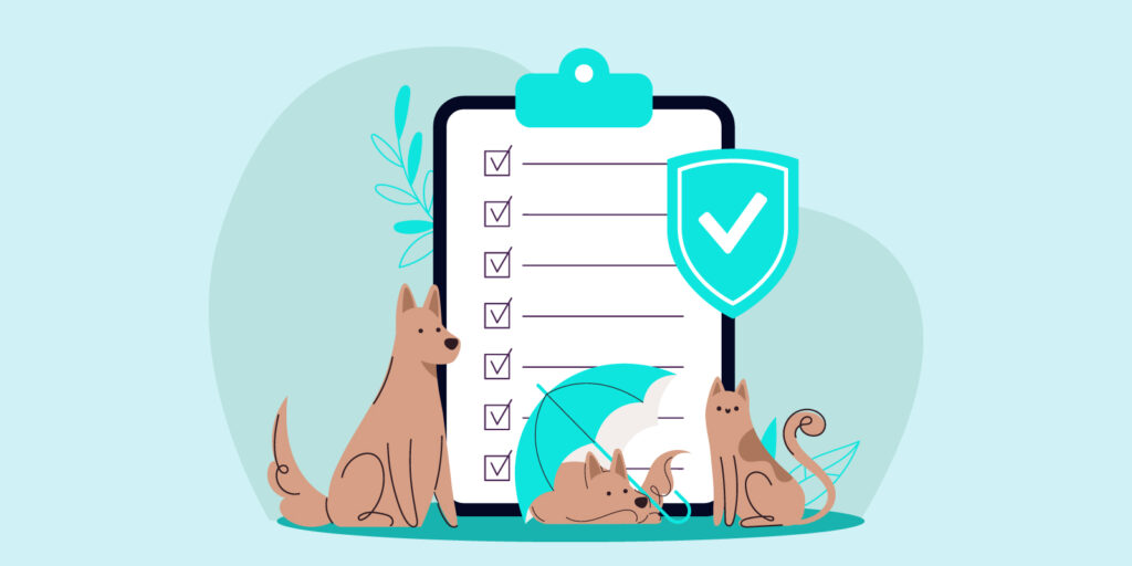 Infographic with pets and a clipboard for pet insurance policies 