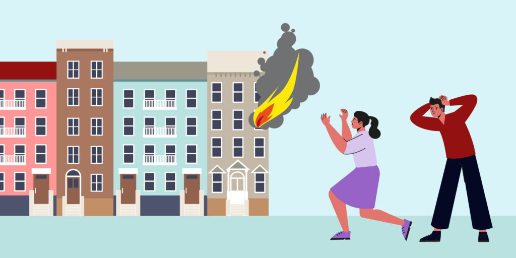 Infographic of a building on fire and a woman screaming for help