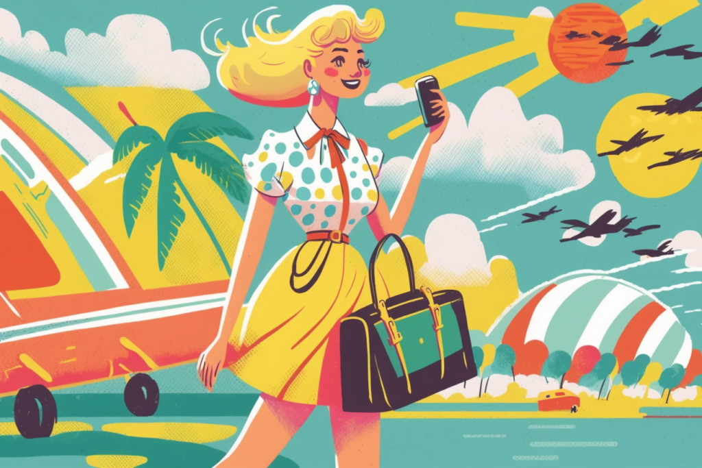 Infographic of a happy woman traveling with a beach in the background
