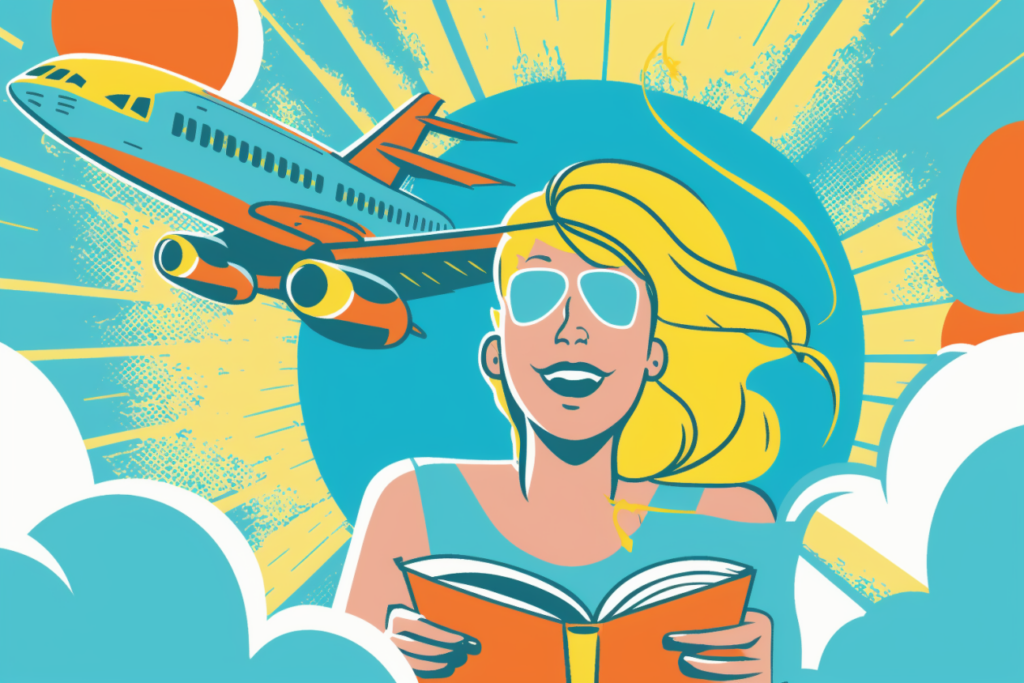 Infographic of a woman looking into travel insurance with an airplane flying overhead