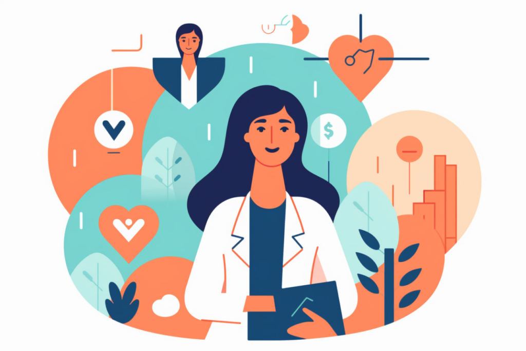 Graphic of a doctor with health icons around her