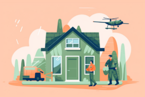 Graphic of a house with a veteran standing in front of